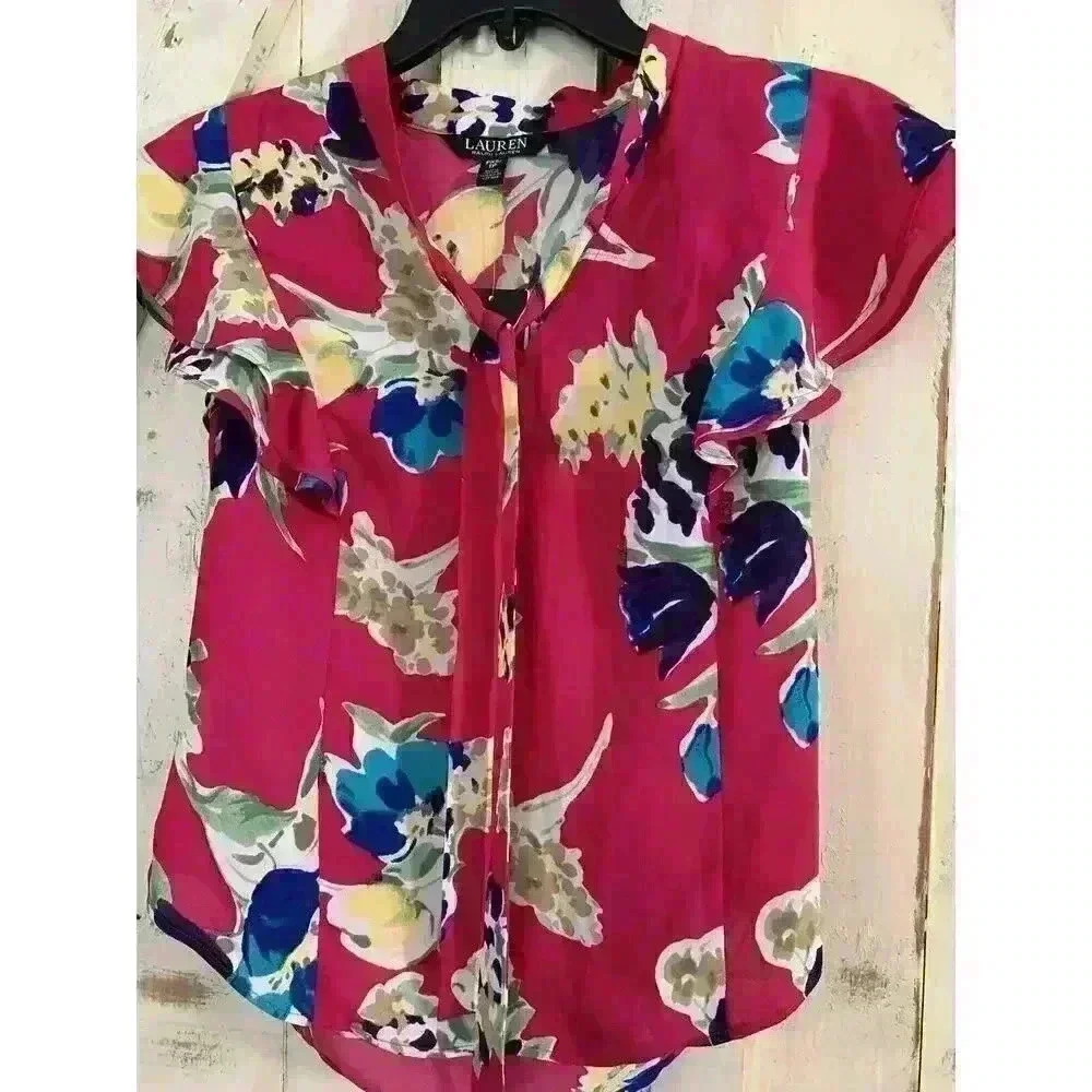 Ralph Lauren Floral Pink‎ Multicolor Georgette Shirt Tie Neck Size XS Petite NWT